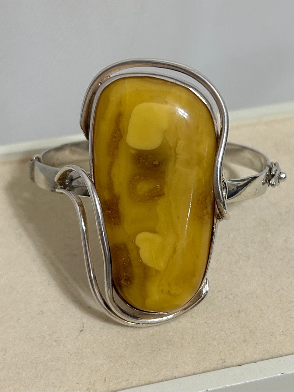Vintage Sterling Silver Egg Yolk Butterscotch Amber Cuff Bracelet